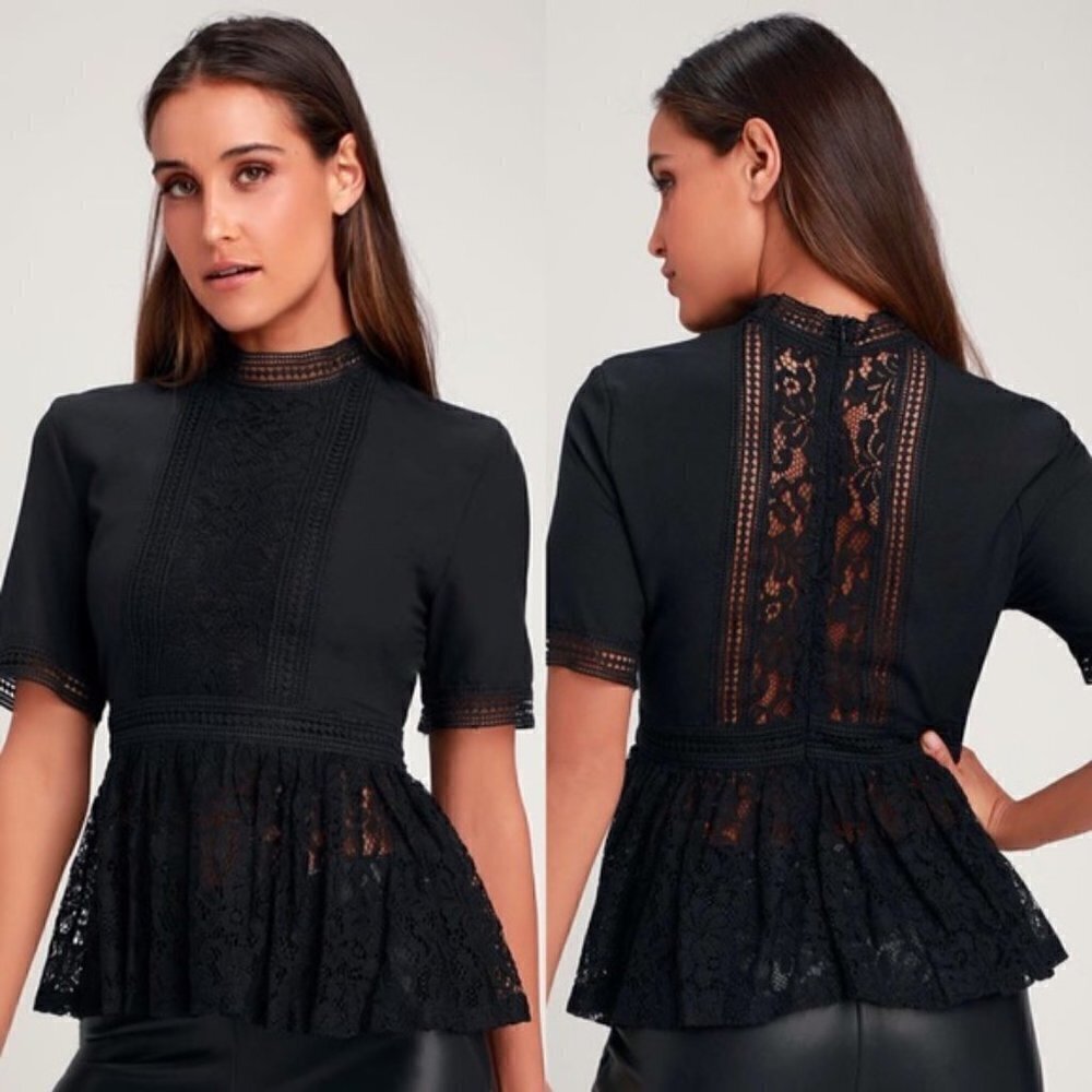 Lulus Elenia Black Lace Crochet Cotton Peplum Top